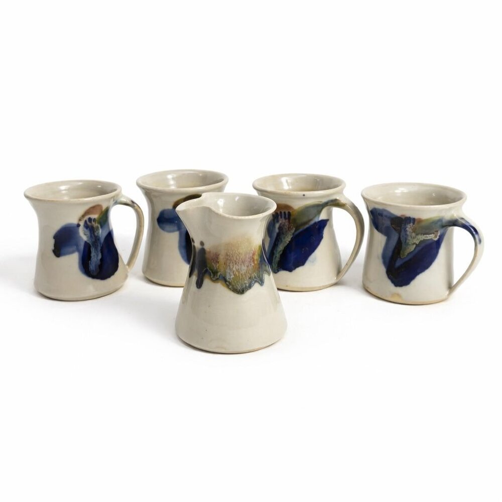 Pottery Mugs Set 4 Creamer Ardens Hill North Carolina Ceramics Vintage Hand Thro